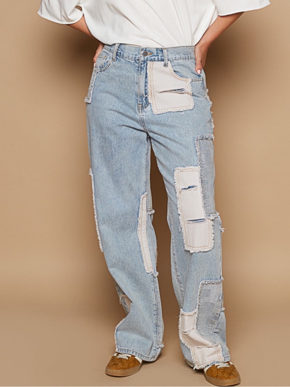 POL Light Blue Patchwork Straight Leg Jeans